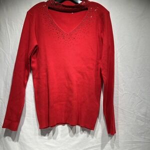 Vila Milano Women Red Pullover Stabbed Sweater XL Choker V Neck Preppy Valentine